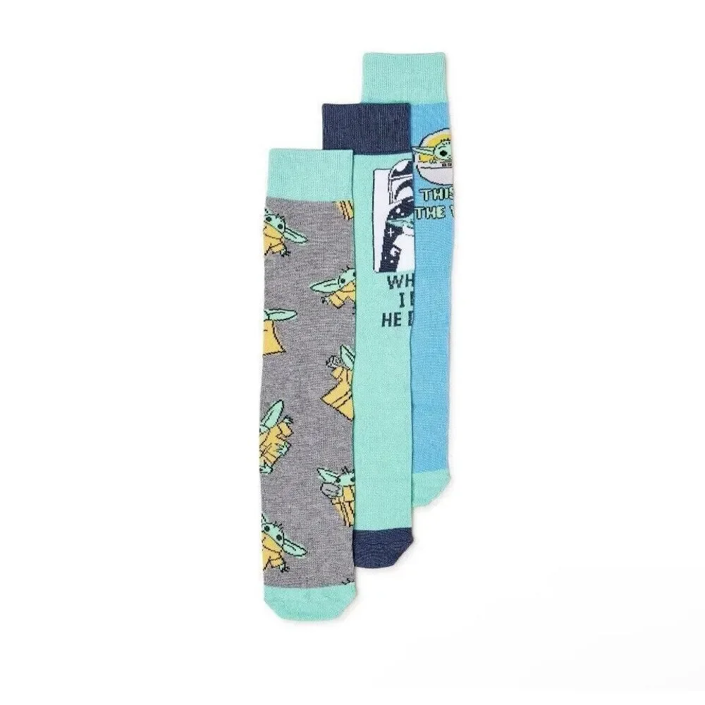 Mandalorian Socks Mens Shoe Size 8 to 12 Green Crew 3 Pair Pack Baby Yoda Grogu